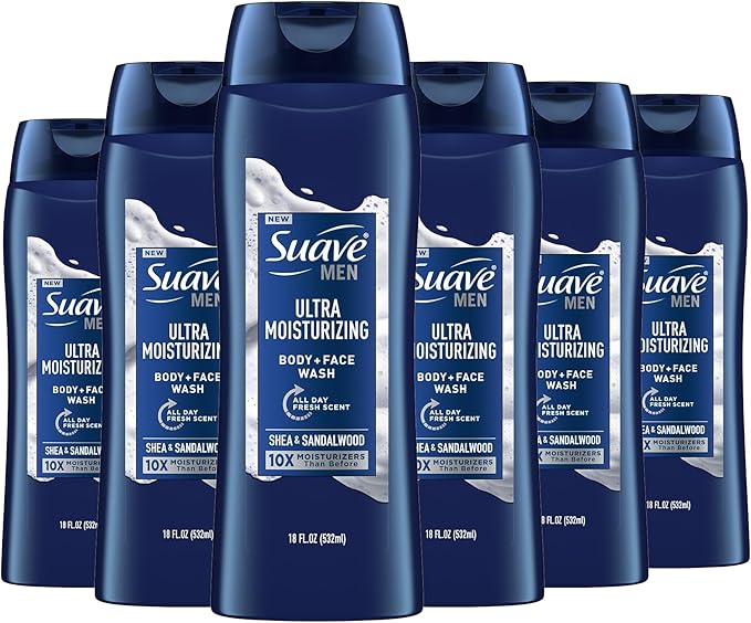 سواف غسول الجسم والوجه Suave Men Ultra Moisturizering Body، رائحة شيا آند ساندلوود، بدون بارابين، بدون فتاهالت، عبوة 18 أونصة من 6 - Image 2